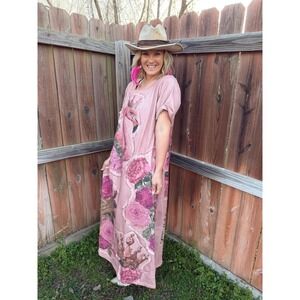 Pink Flamingo Floral Patchwork Maxi T-Shirt Dress A Rare Bird One Size